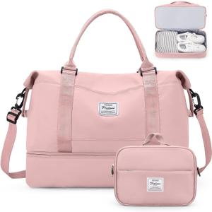 Weekender Bags for Women,Personal Item Travel Bag with Shoes Compartment,Overnight Travel Duffel Bag with Toiletry Bag (Large, Pink)