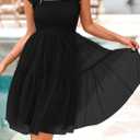 PRETTYGARDEN Womens 2025 Trendy Mini Summer Dresses Sleeveless Tulle Ruffle Square Neck Tiered Smocked Beach Vacation Dress (Black, S)