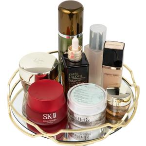 Mirror Glass Vanity Tray Round Cosmetic Decorative Tray for Kitchen Bathroom Living Room Desktop Home Storage for Christmas Valentine's Day Perfume Dresser Jewelry Trinket Organizer (Gold, 9.9 in)