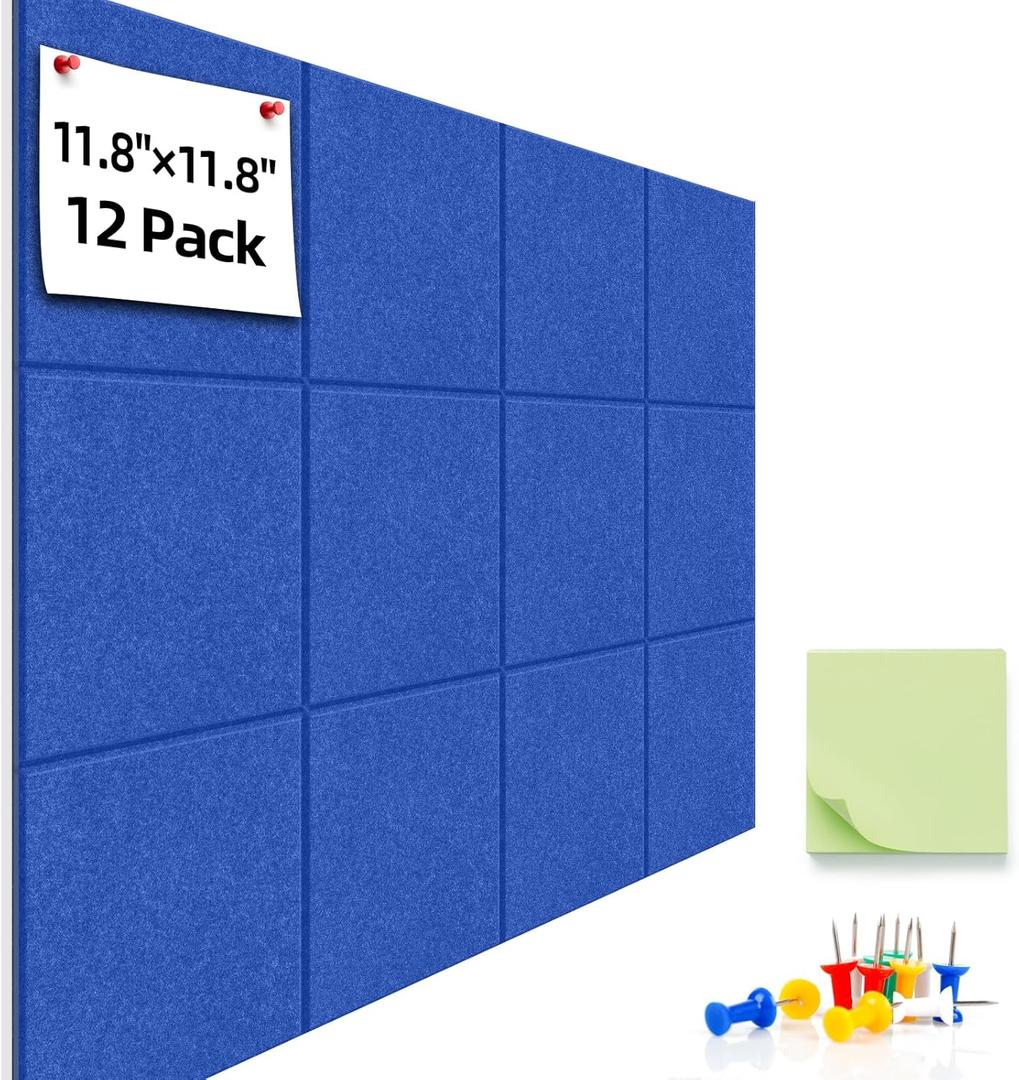 Large Cork Board for Walls - 12 Pack Bulletin Board, 47"x35" Felt Wall Tiles with Safe Removable Adhesive Tabs for Office Pin Board, Tack Board, Includes Push Pins & Sticky Tabs (Azure)