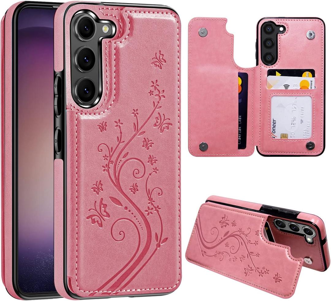 Korecase Compatible with Samsung Galaxy S24 Plus Wallet Case with Card Holder,Butterfly PU Leather Double Magnetic Back Flip Card Slots Cover for Women,Pink