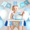 1/2 Birthday Boy Half Birthday Decorations 4PCS Blue 6 Month Party Set with 1/2 Way to One Banner, Halfway High Chair Banner, Cake Topper and Hat for 6 Month Baby Boy Photo Shoot Decor