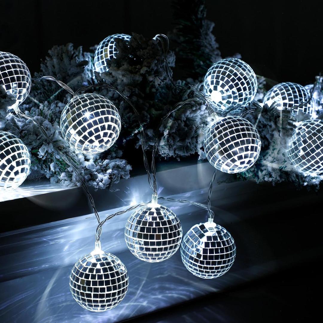 BBTO LED Disco Ball String Light Battery Powered Mirror Balls Ornaments for Outside Backyard Porch 70s 80s Disco Party Supplies(9.84 ft Long,Silver White)