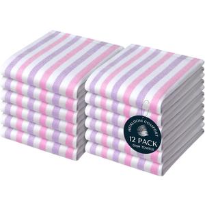 Fiesta Stripe 100% Cotton Dish Towels Set of 12, Large 18x26 Inch, Quick Dry, Absorbent & Reusable for Cleaning, Cooking, Kitchen Decor, Machine Washable, Rose Pink & Lavender