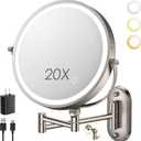 ZLOKLA 9" Wall Mounted Lighted Makeup Mirror,4000mAh Rechargeable Double Sided 1X/20X Magnifying Mirror with Light,Touch Dimmable,Extended Arm 360 Rotation Wall Mounted Makeup Mirror 3 Color Lights-N