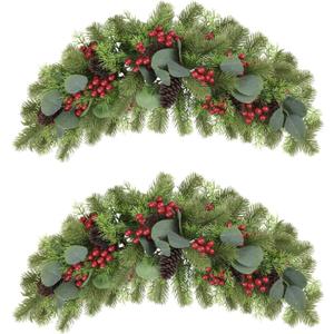U'Artlines 2PCS Christmas Swag for Front Door, 27.5" Artificial Decorative Swag with Red Berry, Pine Cone, Berries for Indoor & Outdoor Window Wall Fireplace Mantle Home Holiday Xmas Decor Swag