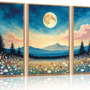 HOURIA 3Pcs Nature Mountain Forest Landscape Canvas Wall Art (16"x24"), Abstract Mystical Moonlight Wildflowers Wall Decor,Framed Colorful Wilderness Field Botanical Art Print for Bedroom Office Living Room Farmhouse, Multicolored