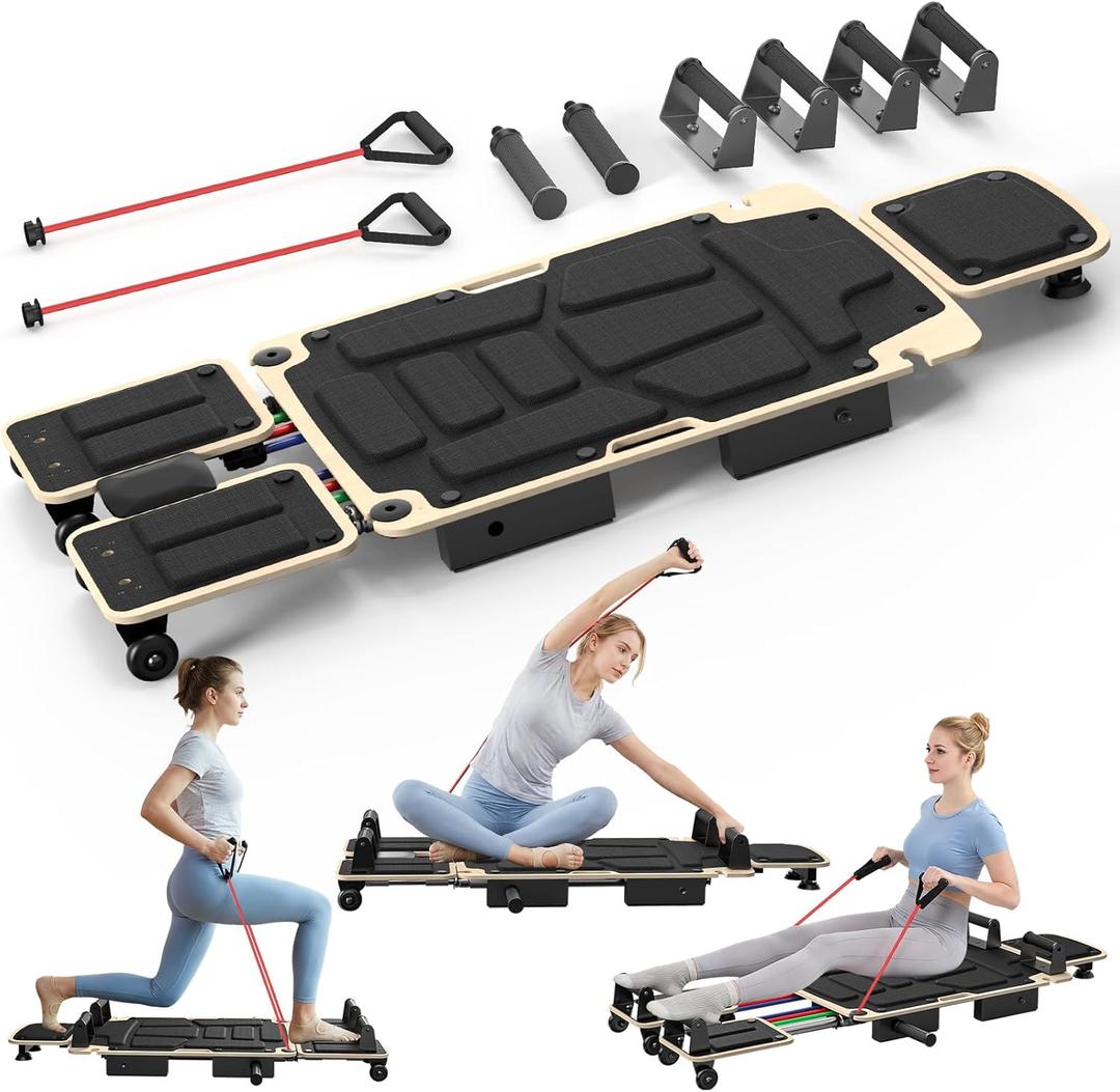 Pilates Board Reformer for Home Workout, 5-in-1 Pilates Equipment with Dual & Split Foot Pads, Smooth Sliding Rail System, Adjustable Headrest for 110190cm, Core & Full-Body Training