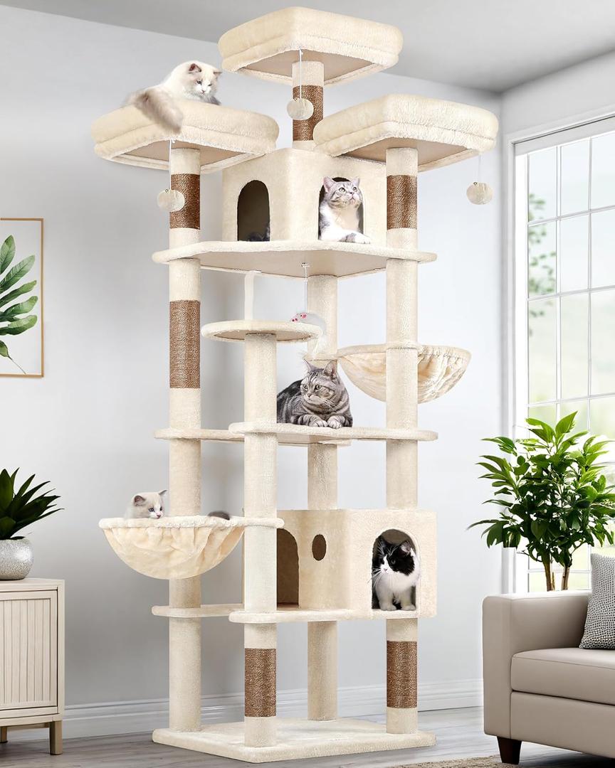 Globlazer Cat Trees and Towers for Multiple Adult Cats, 82-inch XXL Tall Cat Tree Tower for Indoor Cats with Scratching Post, 3 Perches, 2 Condos, 2 Hanging Baskets, F82, Beige