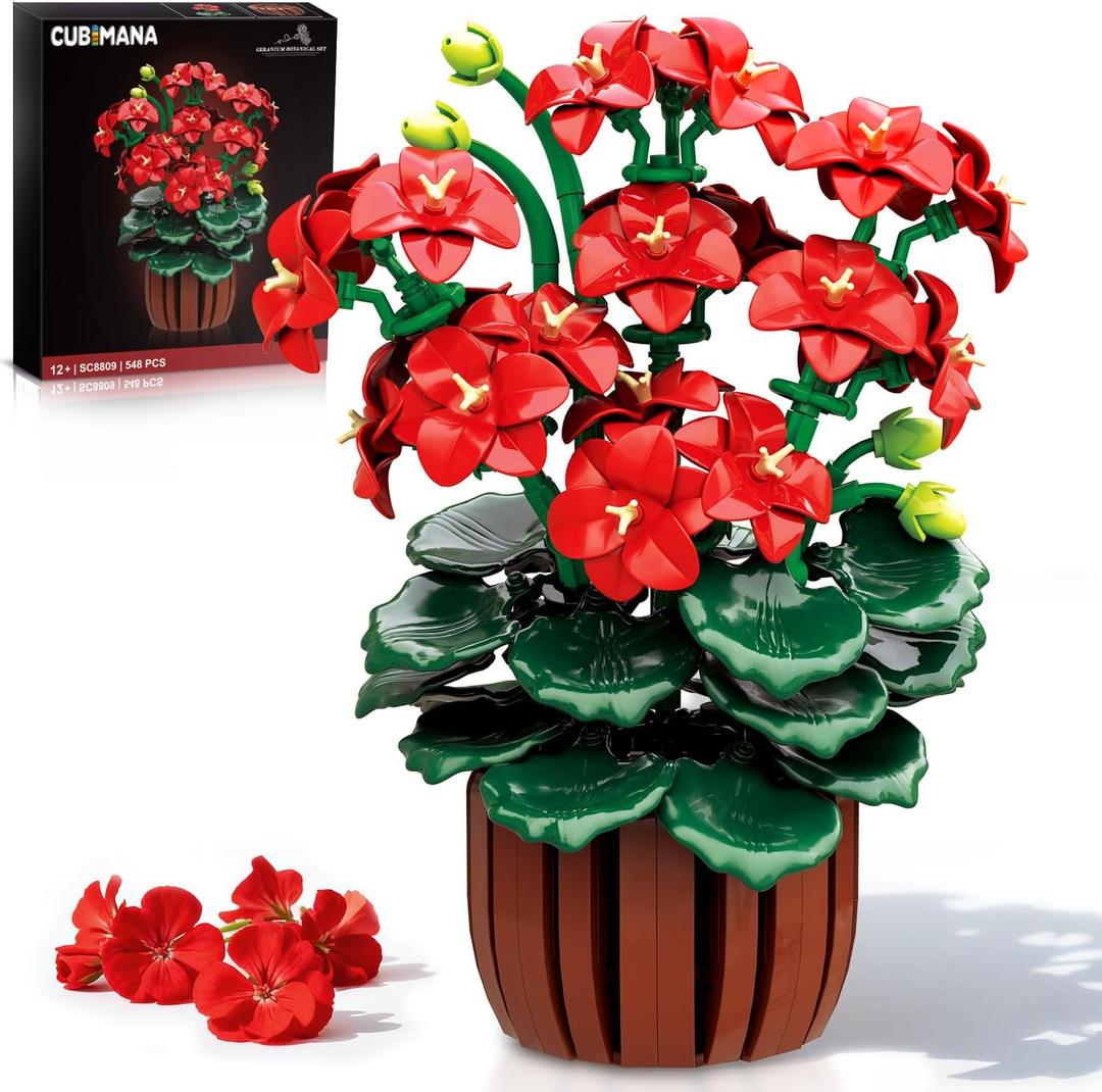 Flowers Geranium Botanicals Building Set - Artificial Bonsai Plants for Home Office Decor Display 548PCS Geranium Flowers Pot Building Blocks for Adults Women Age 12+ Gift for Valentine's Day