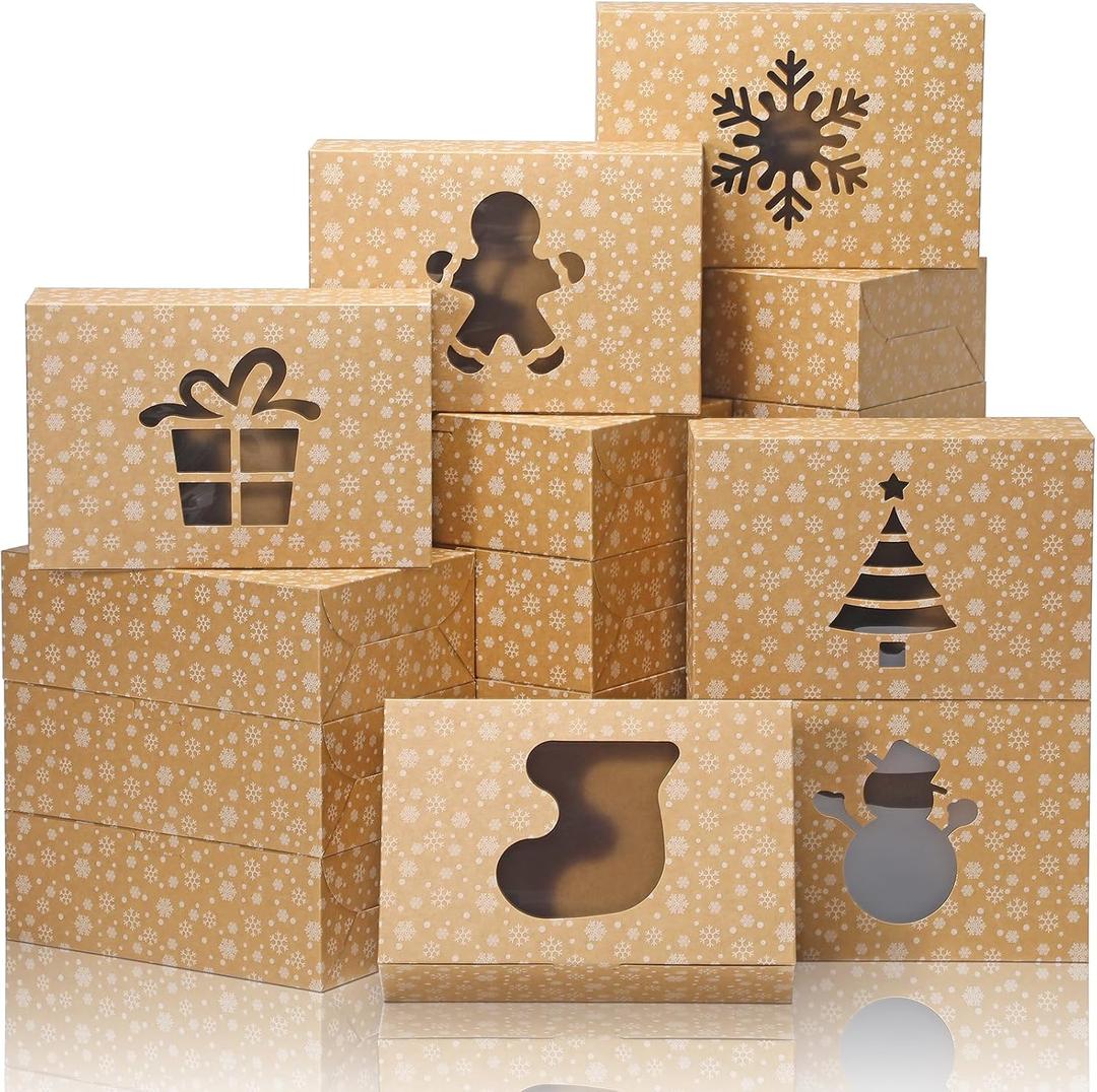 COTOPHER 12Pcs Christmas Cookie Boxes with Window, 8x6x2.5 inch Brown Bakery Boxes for Gift Giving, Brown Cake Boxes Holiday Pastries Boxes for Cakes Muffins Donuts Chocolate Strawberries