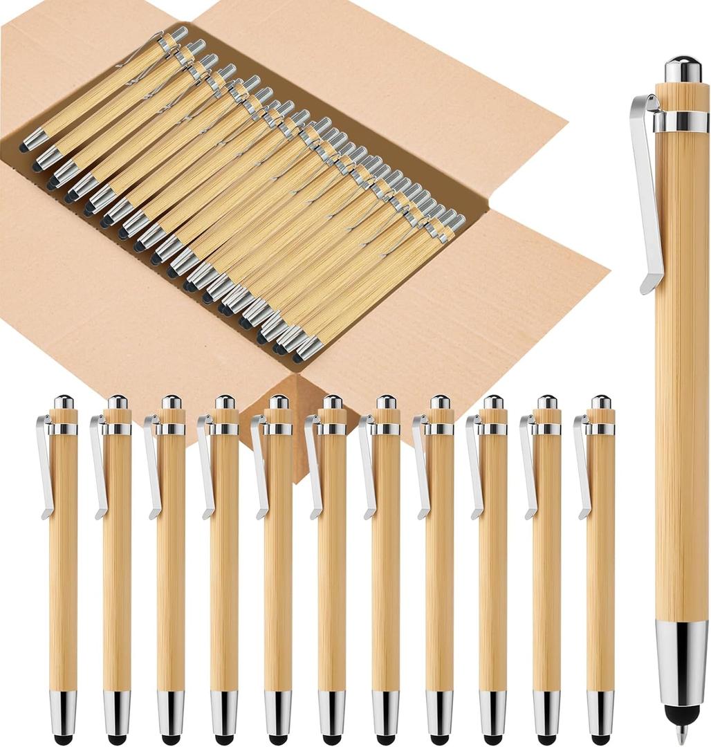 Bamboo Pens Bulk 2-in-1 Stylus Tip Wooden Bamboo Pens Engraving Wooden Ballpoint Pen Customizable Gift Pen Bulk 50pcs