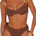 SHENHE Women's Underwire Swimsuits 2 Piece Swimsuits Side Tie Beaded Padded Bathing Suits (Brown, XL)