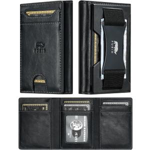 furid Leather Trifold Wallet for Men Slim: Rfid Thin Front Pocket Credit Card Holder - Minimalist Wallets with Metal Plates and Cash Band - Gift for Men Husband Father at Anniversay Brithday (Black)