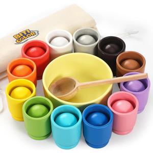 Ball in Cup Montessori Wooden Rainbow Color Sorting Toy for Toddlers - Preschool Color Matching - 12 Balls 40mm