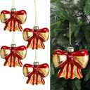 4 Pcs Burgundy Red Gold Bow Ornaments Vintage Glass Bow Christmas Ball Ornaments 3.14 x 3.26 in 3D Glitter for Christmas Tree Decorations Xmas Hanging Wedding Party Indoor Garland Wreath Decor