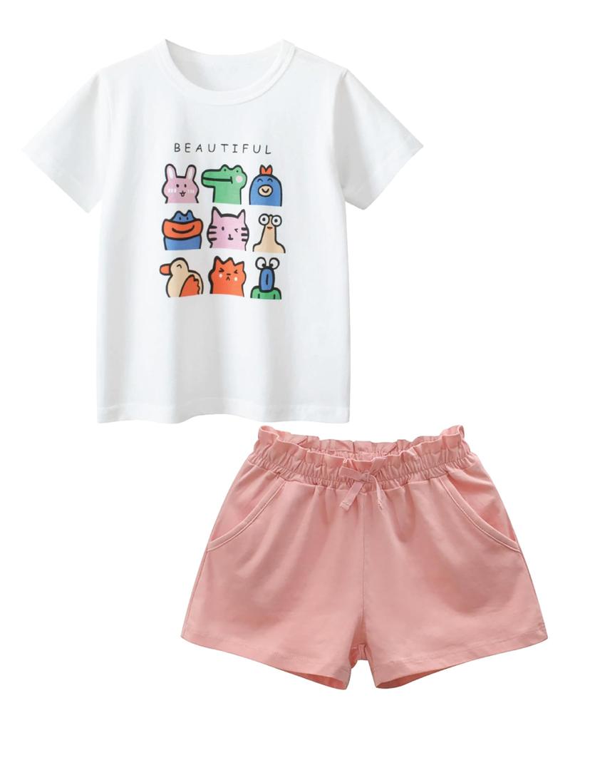 KADY Toddler Girl Cotton Summer Short Sleeve T-Shirt and Shorts Set (WhitePink2, 4T)