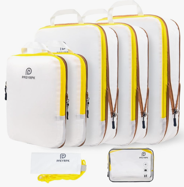 Lightweight Compression Packing Cubes for Suitcases, Compressible Expandable Travel Packing Organizer with Clear Toiletries and Backpack Bag, Travel Essentials for Carry on Luggage 7 Set