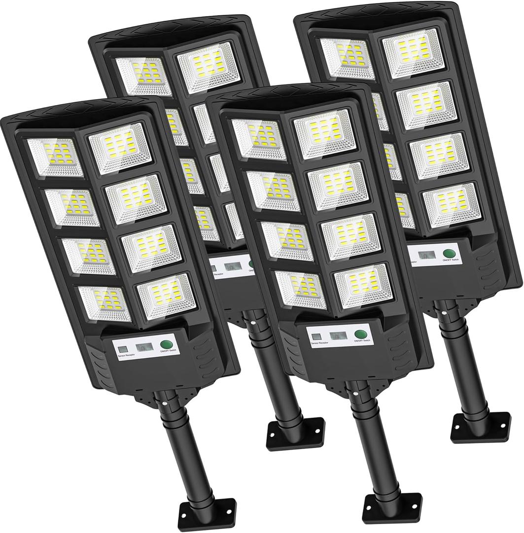 Solar Street Lights Outdoor Waterproof, 6000K LED Dusk to Dawn Solar Light, Flood Lights with Motion Sensor and Remote Control, Parking Lot Light 4-Pack