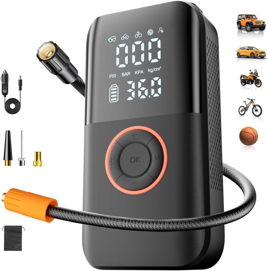 Air Pump for Car Tires, 150PSI Cordless Tire Pump, 12V DC & Battery Dual Power, Auto Shut-Off Air Compressor for Car, Motorcycle, Bike, Ball - LED Light & Digital Display, Car Gifts for Women Men (Black)