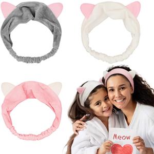 2 x Dreamlover Soft Velvet Cat Ears Headband, Comfortable & Breathable Skincare headbands for Makeup, SPA, Sports, Gift for Birthday, 3 Pieces