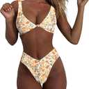 geluboao Bikini Set for Women Solid V Neck Knot Front Push Up High Leg Thong Two Piece Swimsuit (X-Small, Apricot Floral)