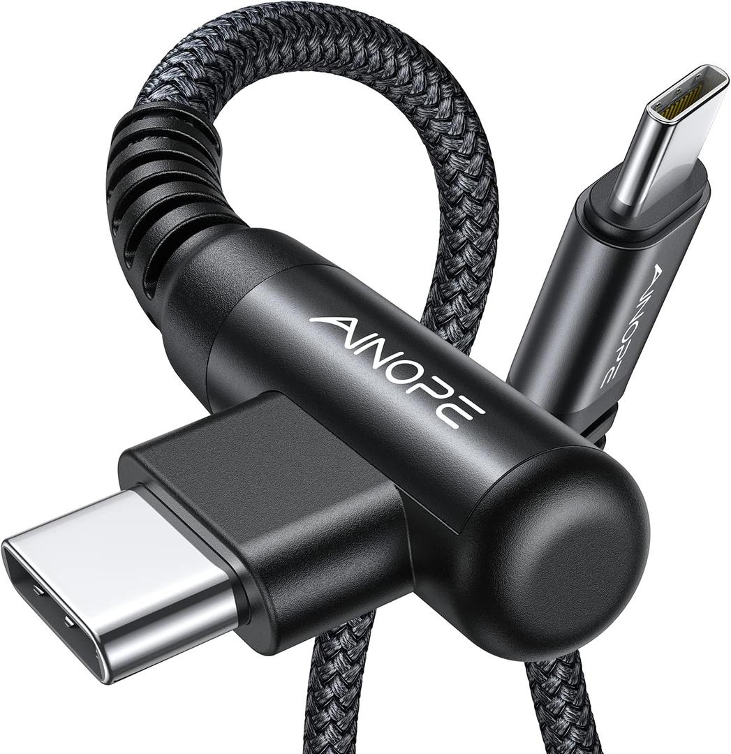 AINOPE USB C Cable 60W 2-Pack 6.6ft Nylon Braided USB C to USB C Cable Type C Charger Fast Charging Right Angle USBC Cable Charger Cord for iPhone 16 Pro Max 15 Plus Samsung S24 S23 iPad Pro Black