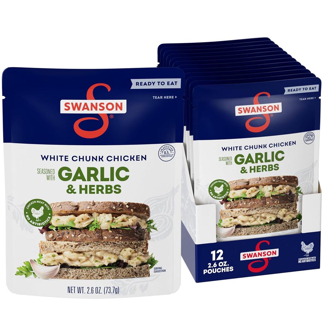 SWANSON S Garlic and Herbs White Chunk Fully Cooked Chicken, Ready to Eat, Simple On-the-Go Meals, 2.6 OZ Pouch (Case of 12) Best Before Date 03/24/2026