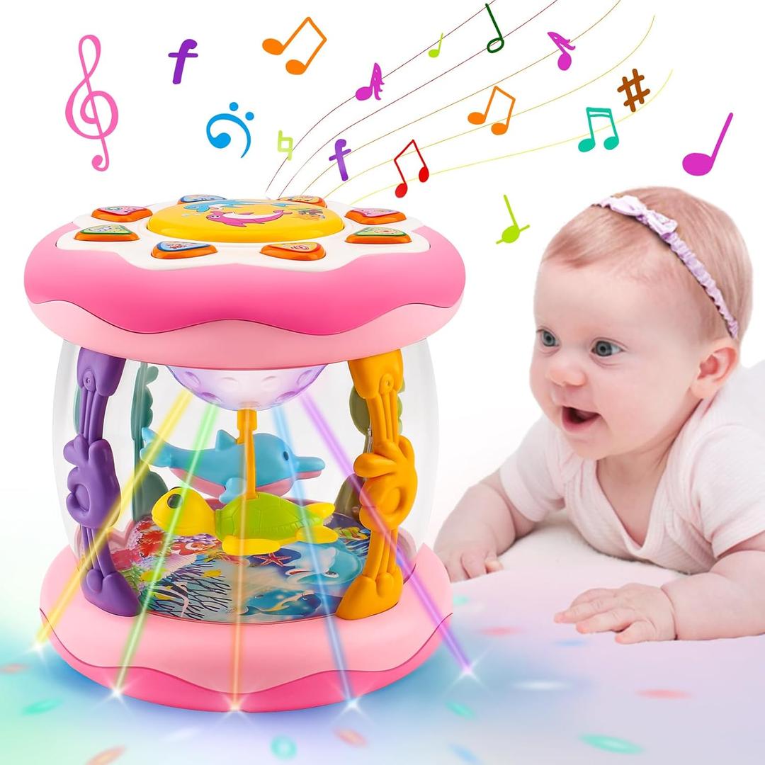 Tsomtto Baby Girl Toys 0-6 Months Ocean Projector Rotating Musical Light Up Tummy Time Toy Infant Aquarium 0-3 4 5 6 7 8 9 Months Crawling Toys Babies 6-12 Month Girls 1 2 Year Old Birthday Gifts (Pink)