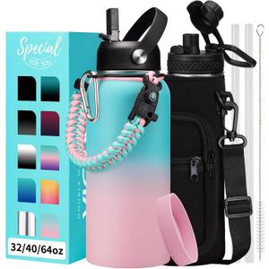 32/40/64 OZ Water Bottle with Straw - Spout Lid, Kepp Cold-48H Hot-24H, Insulated Water Bottles with Strap Carrier Bag, Paracord Handle, Protective Boot, Leakproof Metal Hydro Water Flask (Green Pink Gradient)