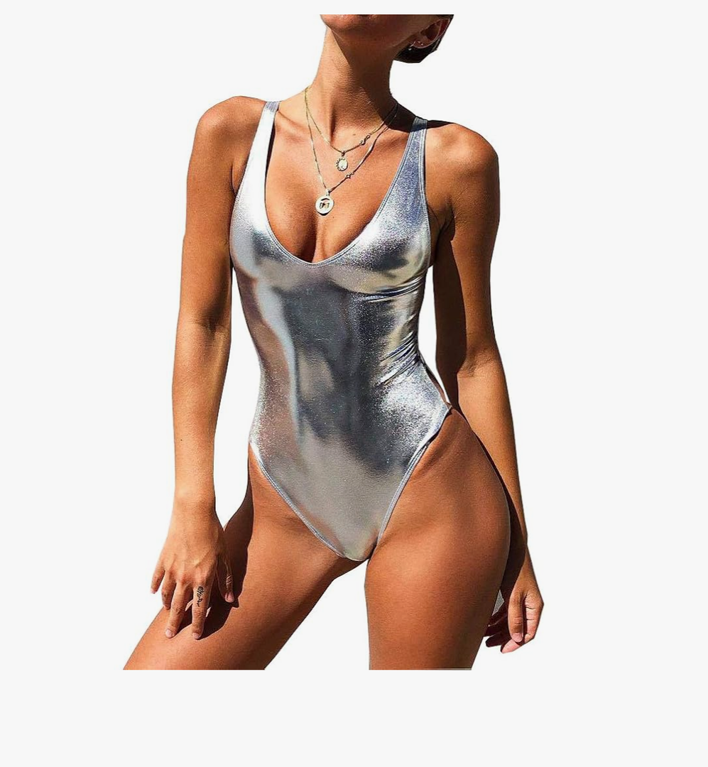 YAUASOPA Sexy Liquid Metallic Glitter One Piece Push Up Swimsuit Female Shiny Solid High Cut Beachwear (US(6-8) L, Shiny Silver