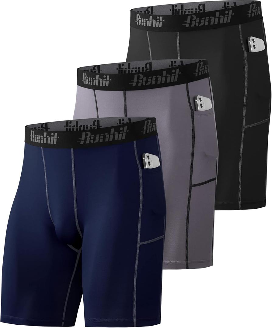 Runhit Compression Shorts Men Underwear Spandex Running Shorts Workout Athletic (Medium, 3 Pack With Pocket:black,grey,navy)