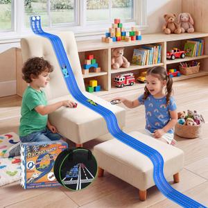 20Ft Flexible Race Track, Slot Car Race Track Set for Kids Ages 3+, Dual Racing Game 2 High-Speed Cars 1/ 64 Scale, w/ 8 Suction Cups, 4 Alloy Cars– Ideal Christmas Birthday Gift for Boys & Girls (Blue)