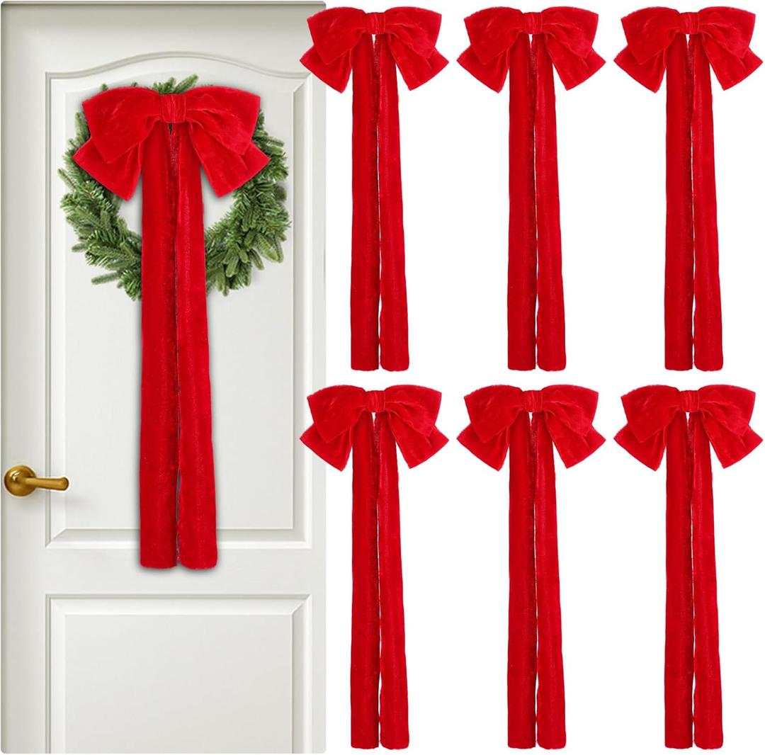 6 Pcs Large Velvet Bows for Christmas Tree 19.7" x 10.6" Velvet Ribbon Bows Ornament Christmas Swag Wreath Staircase Bow Vintage Raw Edges Tree Topper for Home Decor(Red,Two-Ear Style)