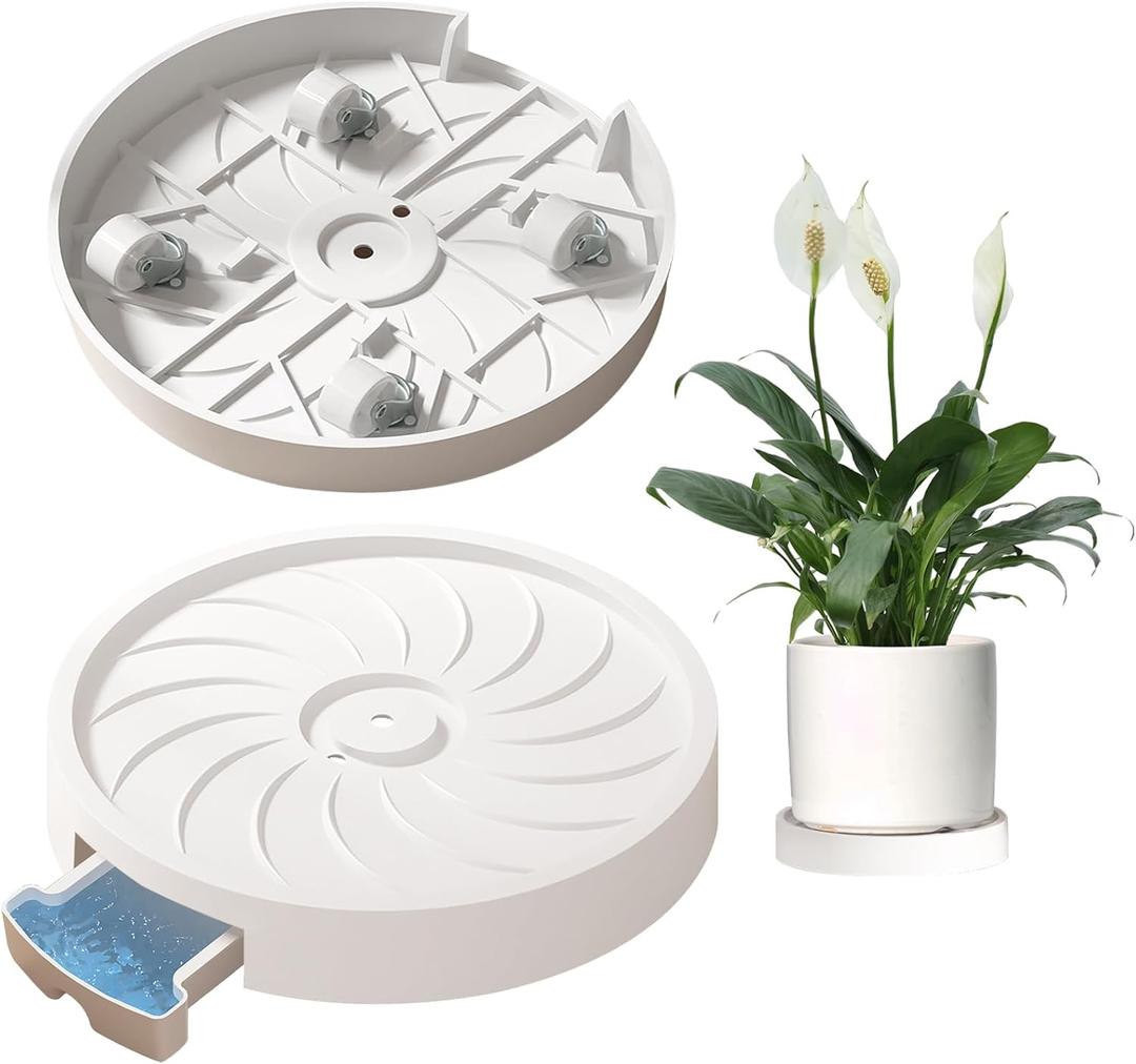 MCleanPin 2 Pack Plant Caddy with Hidden Wheels, 11" Heavy Duty Rolling Plant Stand with Removable Drainage Tray and Silent Casters Round Flower Pot Mover Planter Dolly for Indoor Outdoor White