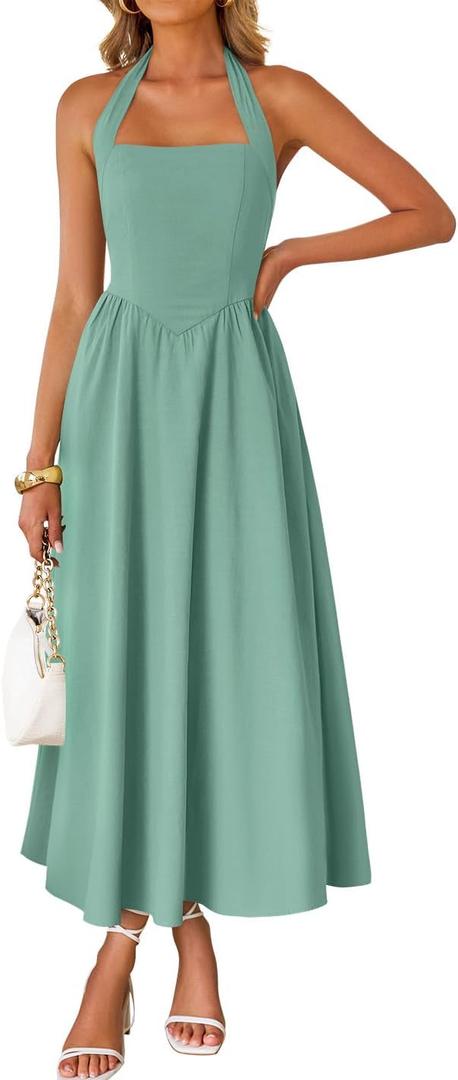 ZESICA Women's Summer Sleeveless Halter Midi Dress 2026 Off Shoulder High Waist Flowy Formal Wedding Guest Long Dresses (Green, L)