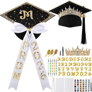 Dunzoom 24 Pcs 2026 Crown Graduation Cap Decorations Kit Tiara DIY Graduation Hat Crown Rhinestones Pearl Stickers Glitter Alphabet Letter Number Decals Tassel for Grad Cap Topper Party Supplies