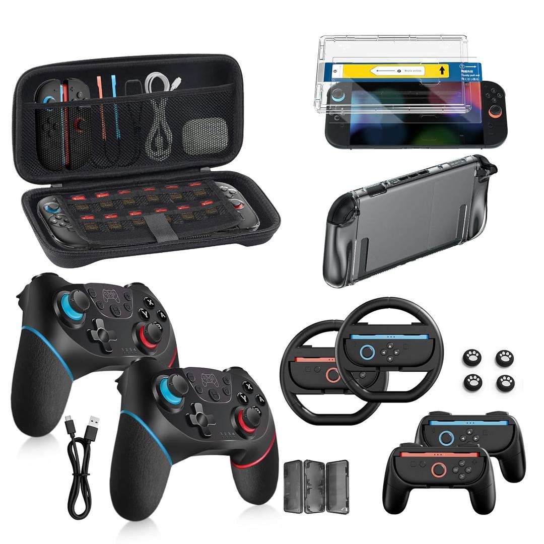 Pro Controllers Accessories Bundle for Nintendo Switch 2 18-in-1: Carrying Case, Screen Protector, Thumb Grip for Joycon, Dockable Console Protective Cover Shell, Steering Wheel, 2025 Switch2 Game Kit (2* Black Controllers (Leather Wrapped)