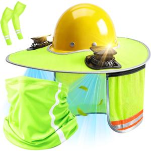 Hard Hat Sun Shade with Dual Solar Fans, Neck Cover & Arm Sleeves | Hard Hat Visor Sunshade Full Brim Set, Summer Protection Accessories for Construction, Gardening & Outdoor Work