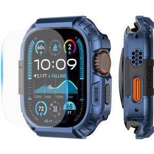 YIJDACASE Rugged Waterproof Case for Apple Watch Ultra 3/2/1 49mm with Screen Protector,Metal & PC Bumper+9H Tempered Glass,Stylish Shockproof Cover for Sports, Blue