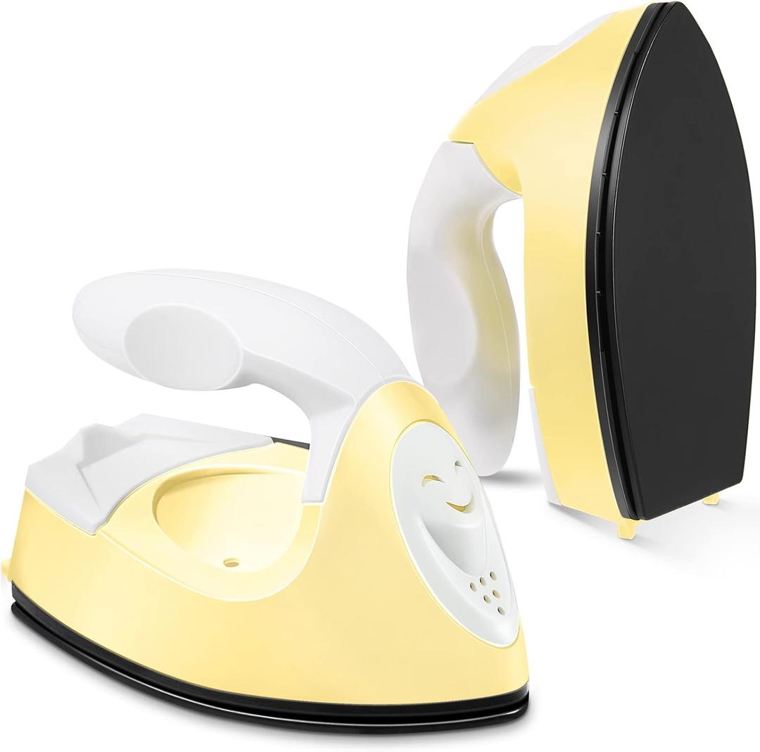 Honoson Mini Craft Iron Mini Heat Press Small Iron 3.93 x 2.36 x 2.76 in Portable Handy Tiny Flatiron with Charging Base Accessory for Fuse Bead Patch DIY Heat Transfer Vinyl(Light Yellow)