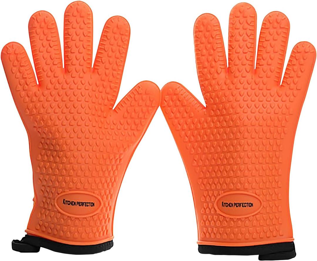 KITCHEN PERFECTION Silicone Smoker Oven Gloves -Extreme Heat Resistant BBQ Gloves -Handle Hot Food Right on Your Smoker Grill Fryer & Pit | Waterproof Oven Mitts |Superior Value Set+3 Bonuses (One Size Fits Most, Orange)