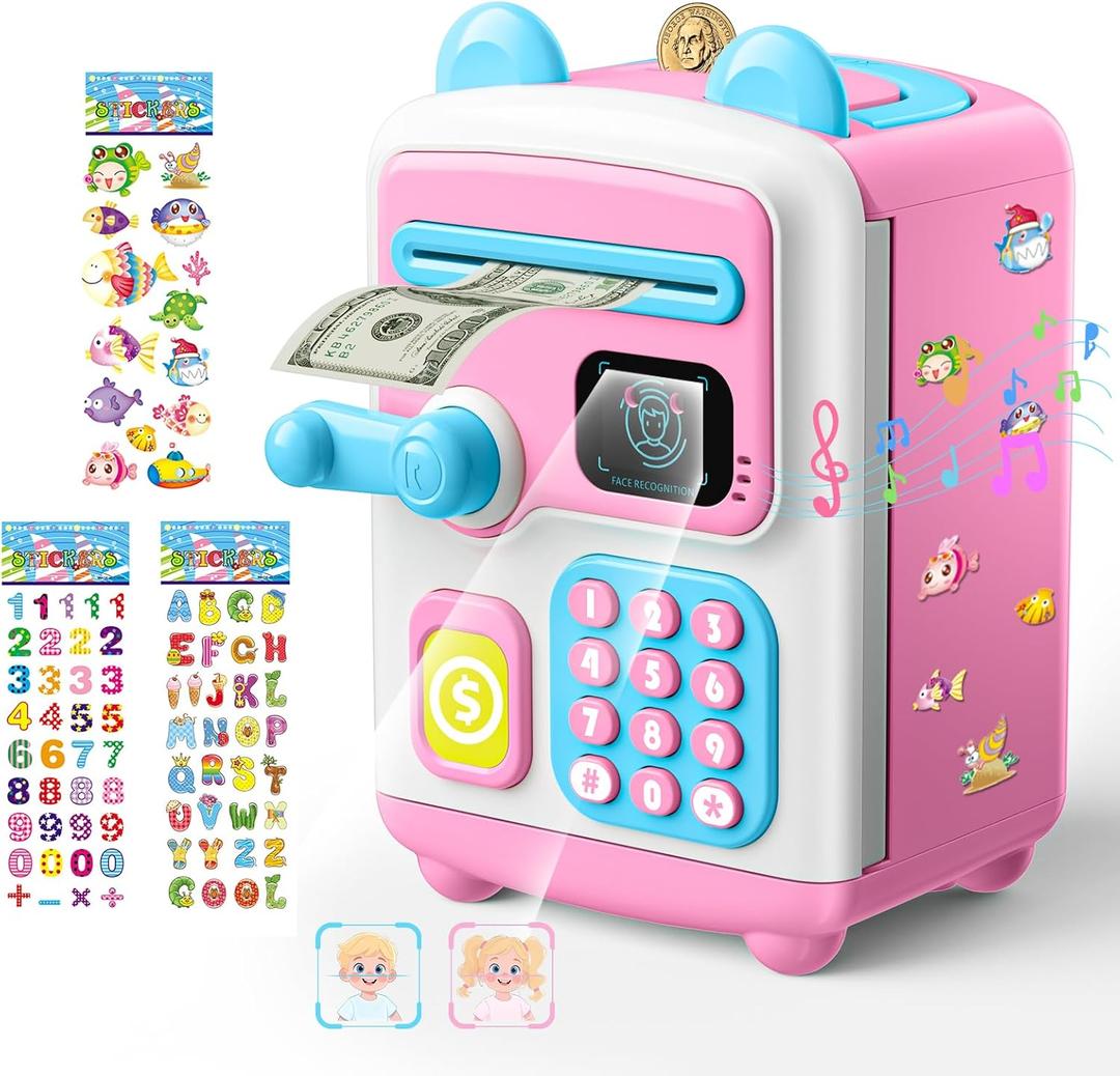 Upgraded Piggy Bank, Face ID Password Unlocking Electronic Kids Bank ATM Security Unlocking Cash Coin Bank Toys Gifts for Kids, Coin Bank for 3 4 5 6 7 8 9 10 11 12 Year Old Girls Boys (Pink)