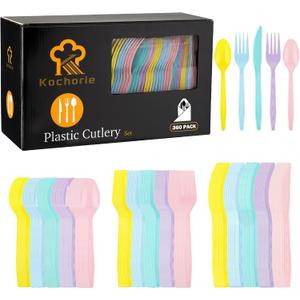 Kochorie 360 Pieces Pastel Plastic Cutlery Set Macaron Colors Disposable Plastic Utensils Colorful Heavy Duty Flatware Set Include 120 Knives 120 Forks 120 Spoons for Easter Birthday Tea Party Wedding