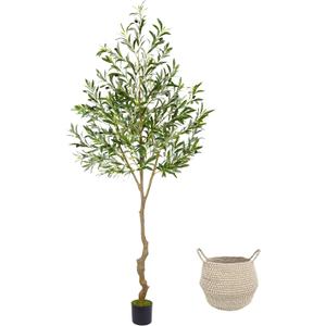 Warmplants Artificial Olive Tree, 7ft Tall Fake Olive Leaves Plant with Basket, Indoor Outdoor Faux Olive Topiary Silk Tree for Home Livingroom Office Dcor