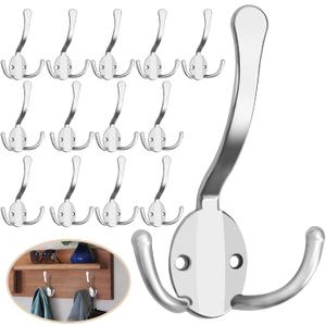 Homanu 14 Pack Coat Hooks Heavy Duty, Metal Three Prongs Large Coat Hooks Wall Mounted with 28 Screws, No Rust Silver Rustic Wall Hooks for Hanging Towel, Coat, Scarf, Bag, Hat, Cup, Key