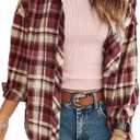 KevaMolly Plaid Long Sleeve Flannel Shirts for Women Loose Fit Boyfriend Button Down Shirt Casual Flannel Blouse Tops Brown Stripe Plaid XXL