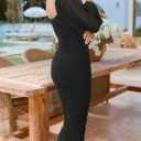 ZESICA Women's Sexy Ruched Bodycon Midi Dress Long Puff Sleeve Square Neck Backless Cocktail Party Wedding Dresses (Black, L)