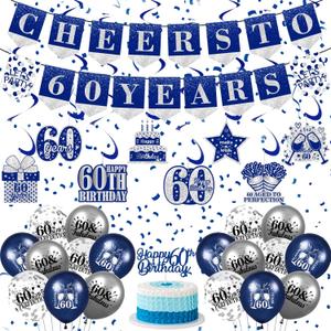 Blue & Silver 60th Birthday Banner, Balloons & Cake Topper for Men & Women - Swirls & Navy Blue Decorations for 60th Birthday Party Supplies (60th Birthday Decoration)