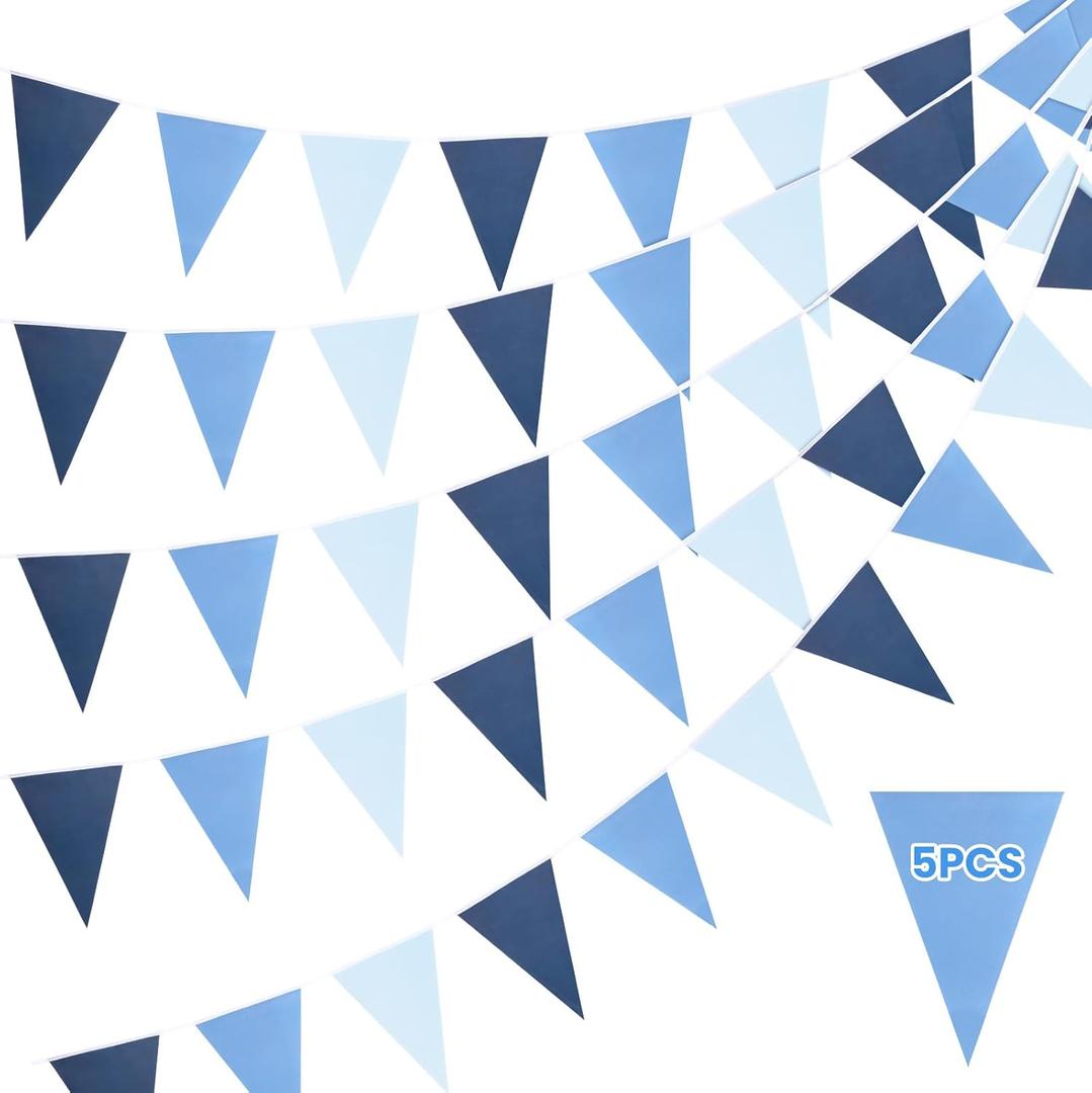 5 Pcs Blue Pennant Banner Flags 49ft Solid String Triangle Flags Party Supplies Pennant Garland Triangle Banner Hanging DIY Bunting Flag for Wedding Baby Shower BBQ Birthday Party